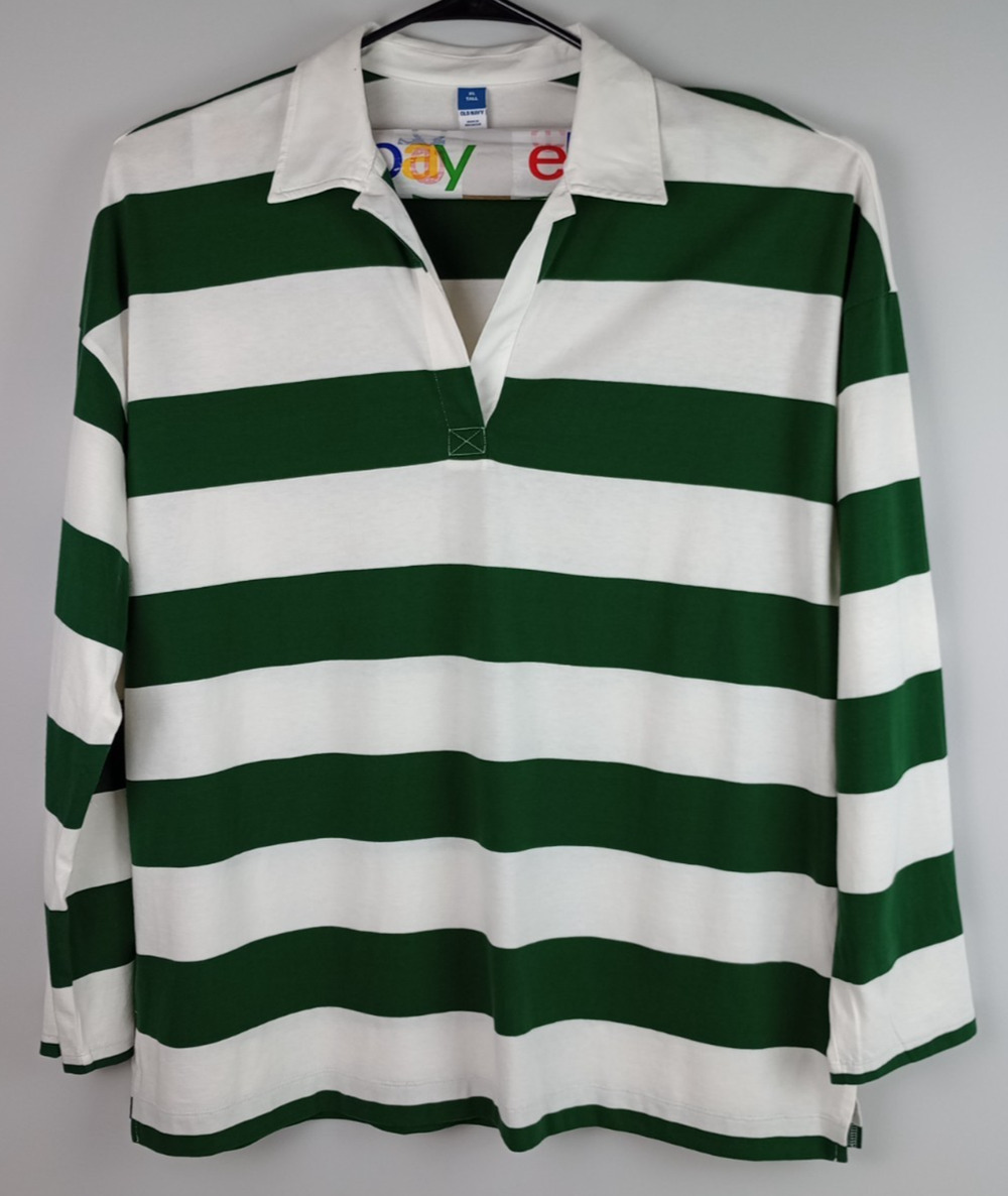 Y2K‎ Old Navy Mens XL Tall White Green Striped Long Sleeve Collared Tshirt